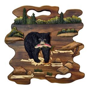 Bear Fishing Wood Wall Sculpture 23.5in Rustic Intarsia Cabin Lodge Decor